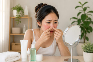 Woman with sensitive skin attempting DIY blackhead extraction while looking in a mirror
