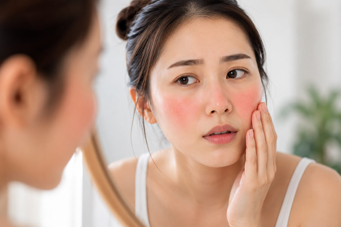 Woman checking facial redness caused by sensitive skin while looking in the mirror