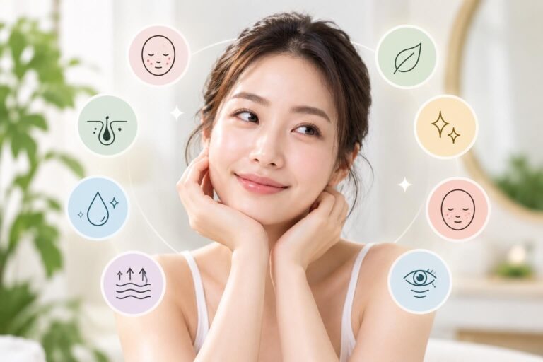 Woman with glowing skin surrounded by icons representing different facial and skin concerns