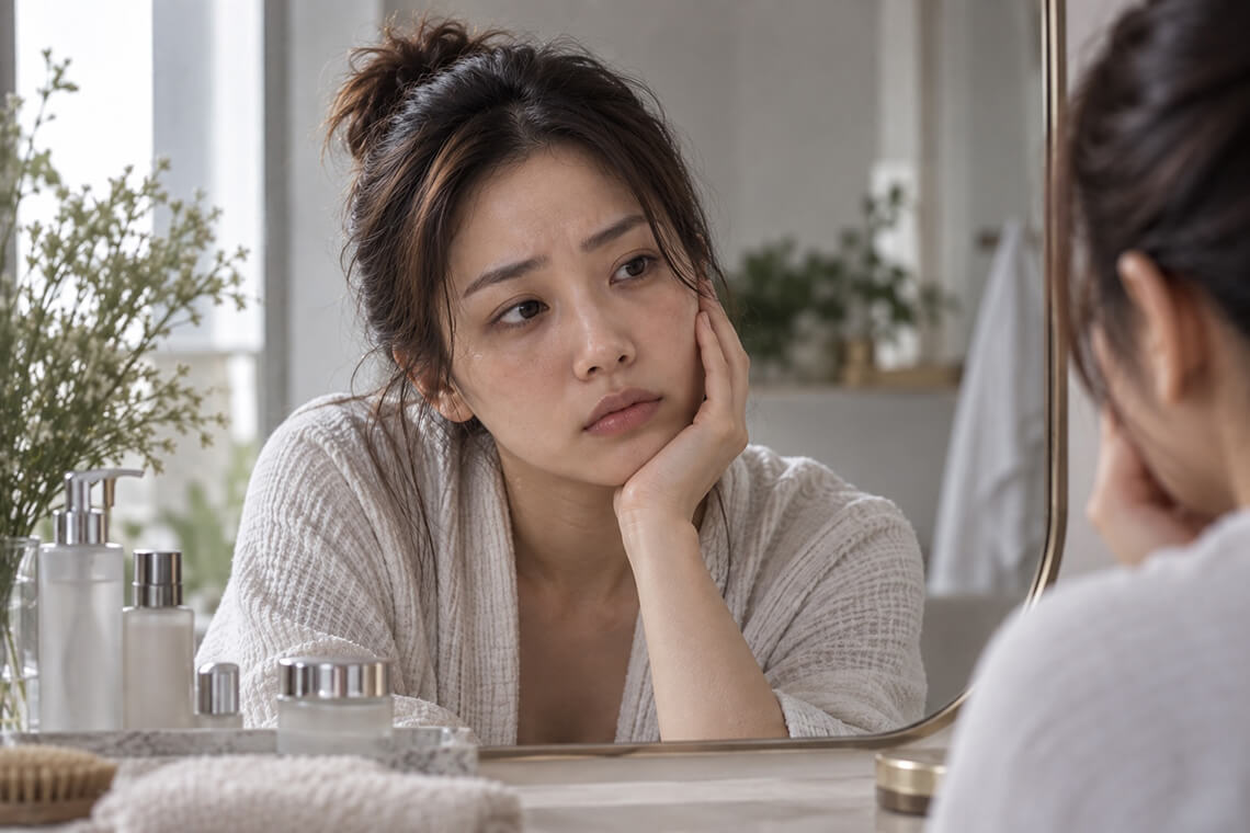 Woman looking in the mirror at dull, tired-looking skin after a facial treatment