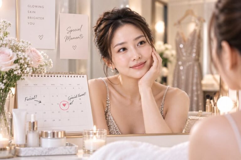 Woman preparing for a special event and planning when to book a facial treatment