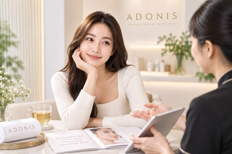 Woman discussing facial treatment options and pricing during a skincare consultation in Singapore